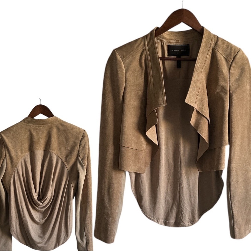 BCBG Maxazria Norton High Low Crop Drafted Jacket Faux Suede Stretch EUC